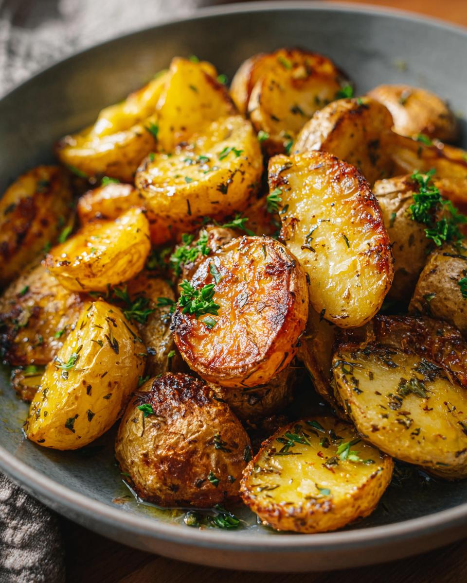A close-up of golden-brown, crispy Lemon Greek potatoes seasoned with herbs, served in a rustic bowl.