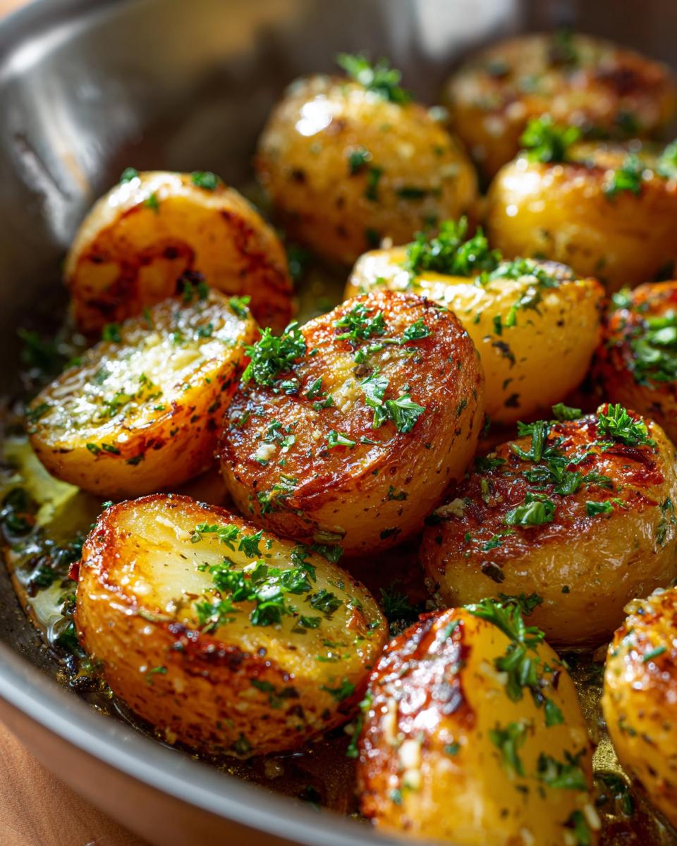 Close-up of golden brown Lemon Greek Potatoes, glistening with lemon-herb sauce and sprinkled with fresh parsley.