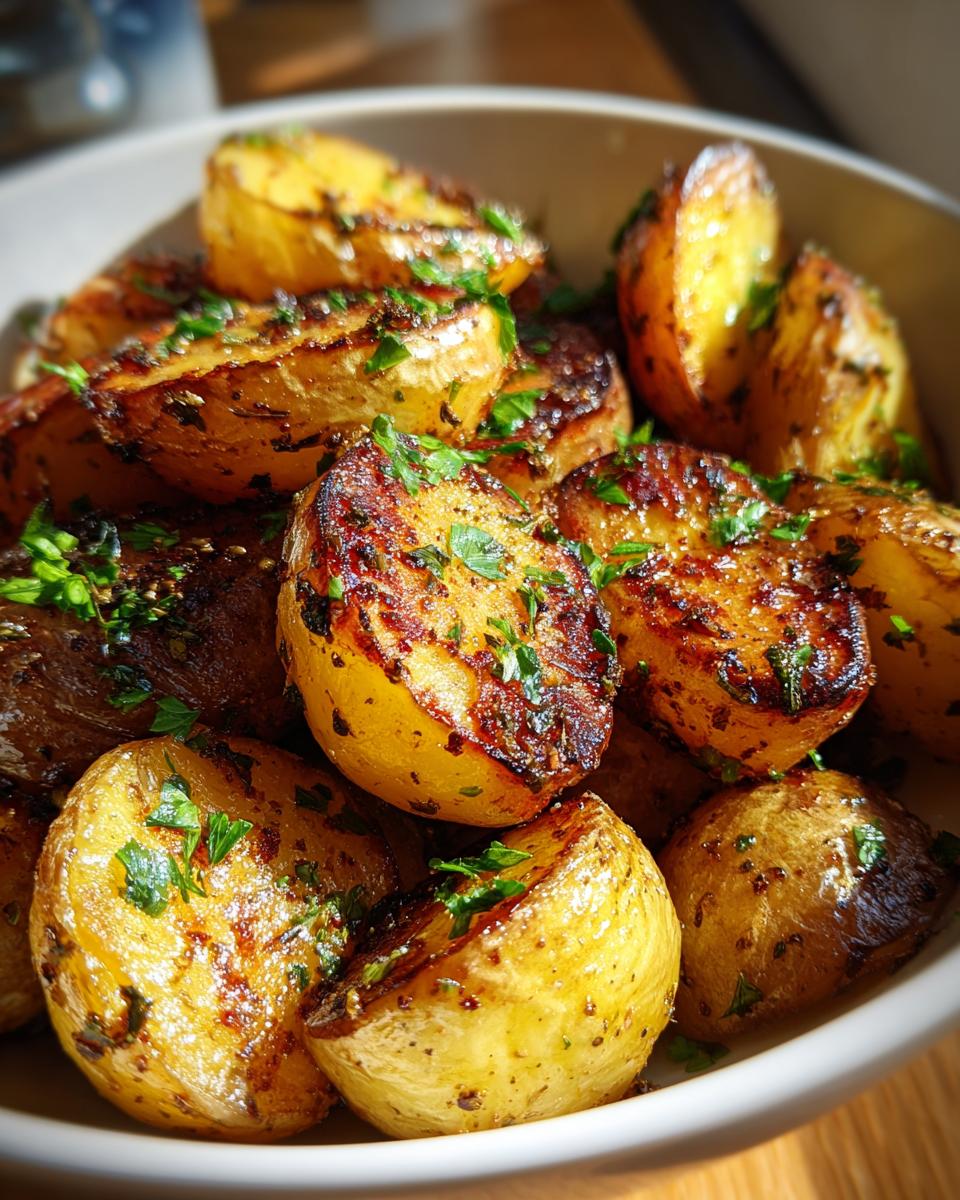 Close-up of golden brown Lemon Greek potatoes, seasoned with herbs and parsley, in a white bowl.