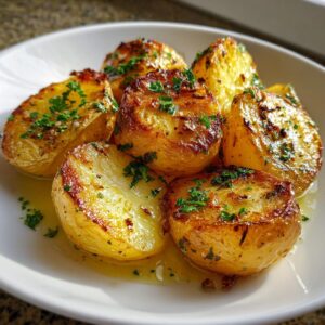 Close-up of golden-brown Lemon Greek potatoes, glistening with lemon-herb sauce and sprinkled with fresh parsley.