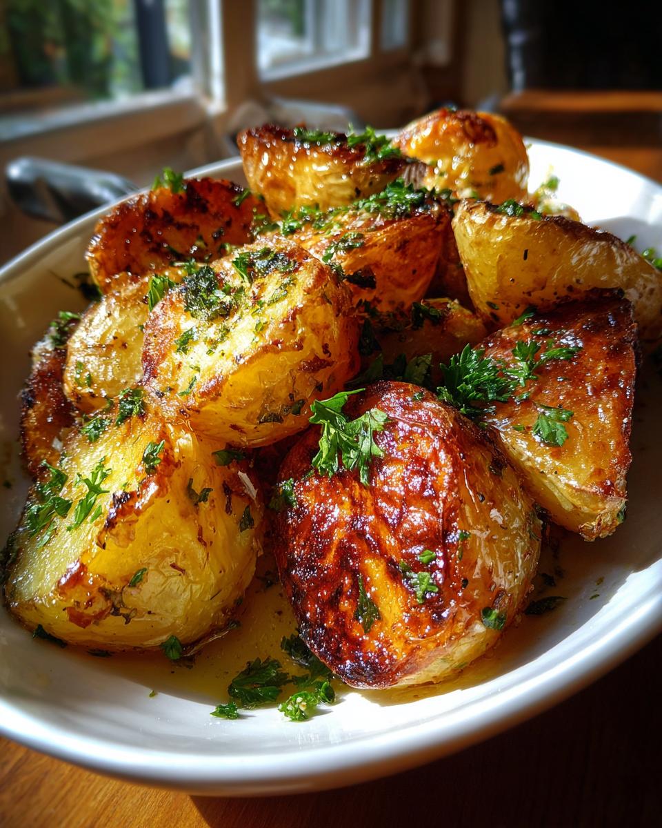 A close-up of golden-brown Lemon Greek potatoes, glistening with oil and sprinkled with fresh parsley.