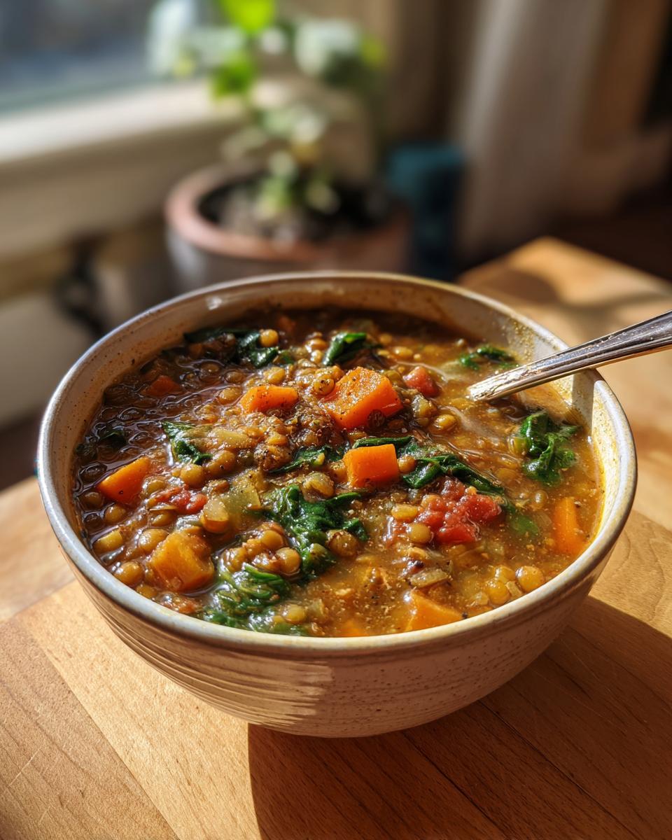 A close-up of a bowl of hearty lentil vegetable soup, featuring lentils, diced carrots, spinach, and tomatoes, with a spoon.
