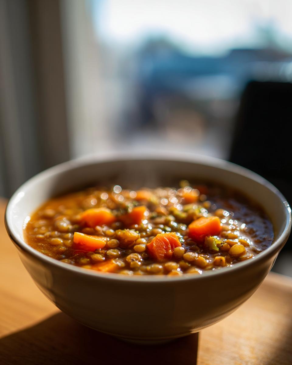 A steaming bowl of hearty lentil vegetable soup with visible carrots and herbs.