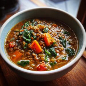 A close-up of a steaming bowl of hearty lentil vegetable soup with chunks of sweet potato and spinach.