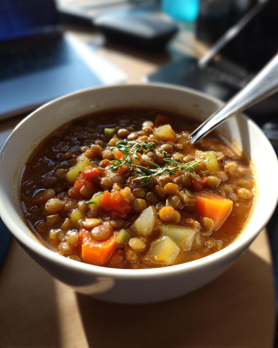 A close-up of a bowl of hearty lentil vegetable soup, garnished with fresh herbs.