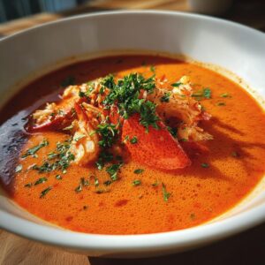 A close-up of a bowl of rich, orange lobster bisque topped with fresh lobster meat and chopped parsley.