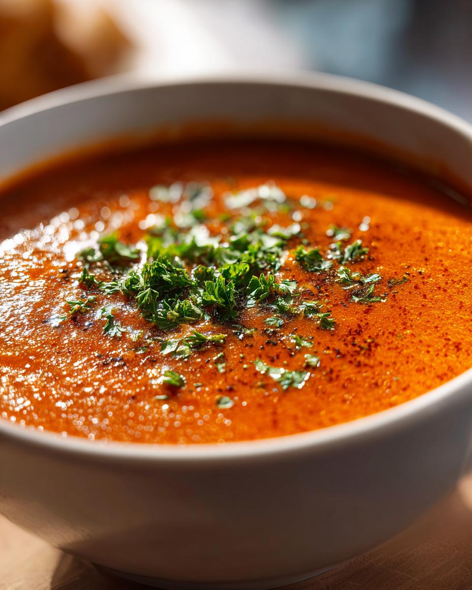 A close-up of a bowl of rich, orange Lobster Bisque, garnished with fresh parsley and black pepper.