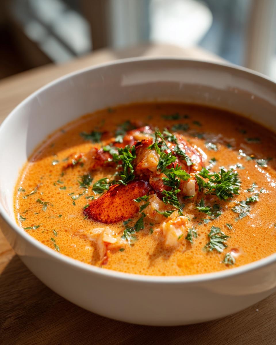 A close-up of a bowl of rich, creamy Lobster Bisque topped with tender lobster pieces and fresh parsley.