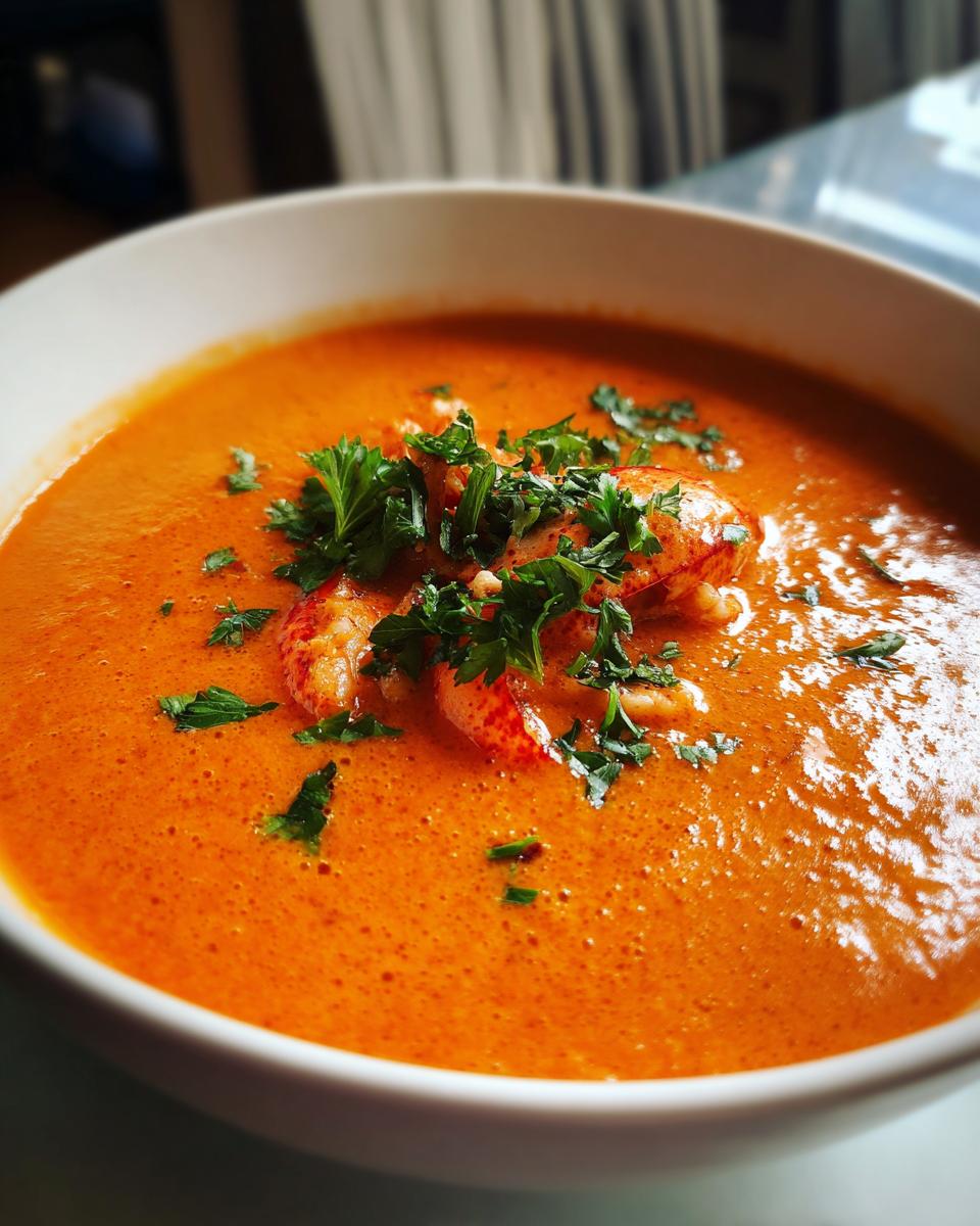 A close-up of a bowl of rich, orange Lobster Bisque, garnished with fresh lobster meat and parsley.