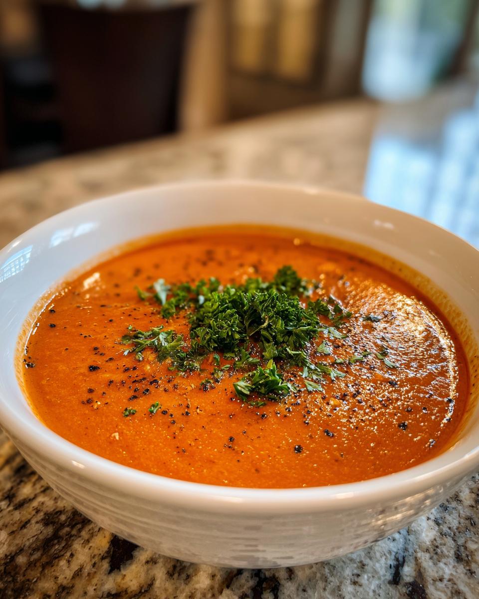A close-up of a bowl of rich, orange Lobster Bisque, garnished with fresh parsley and black pepper.