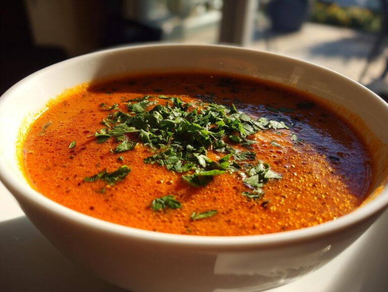 A close-up of a bowl of rich, creamy Lobster Bisque, garnished with fresh chopped parsley.