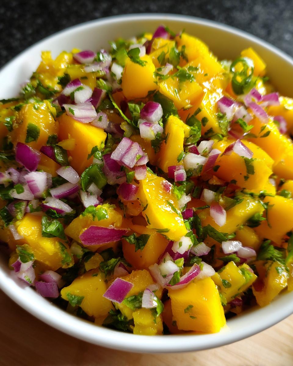 Close-up of vibrant Mango Salsa with diced mango, red onion, and cilantro in a white bowl.