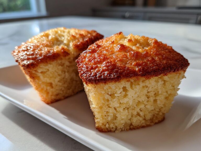 Two tender maple cornbread muffins with golden brown tops on a white plate.