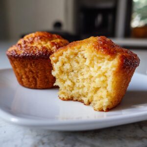A close-up of two tender maple cornbread muffins on a white plate, one with a bite taken out.