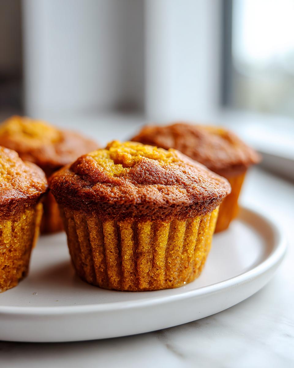 Close-up of golden-brown maple cornbread muffins on a white plate, showcasing their tender texture.