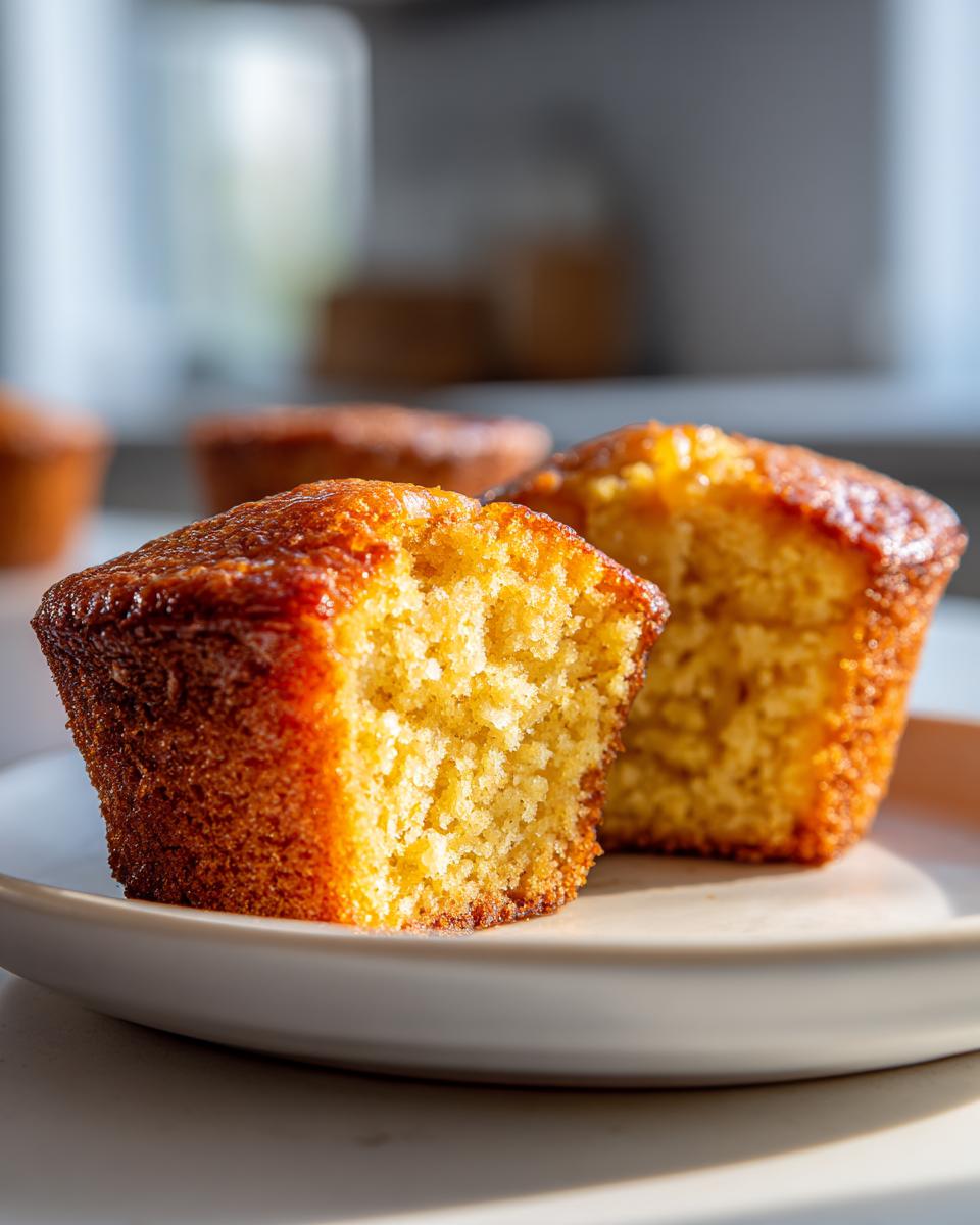 Close-up of two tender maple cornbread muffins on a plate, one split in half to show the crumb.
