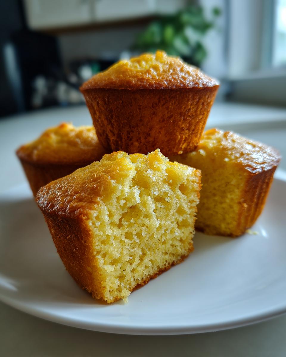 Close-up of tender maple cornbread muffins stacked on a white plate, one muffin is broken in half to show its crumb.