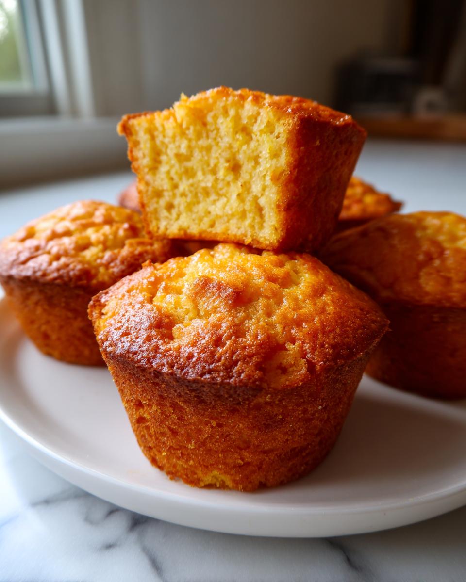 A close-up of tender maple cornbread muffins stacked on a white plate, one is cut in half.
