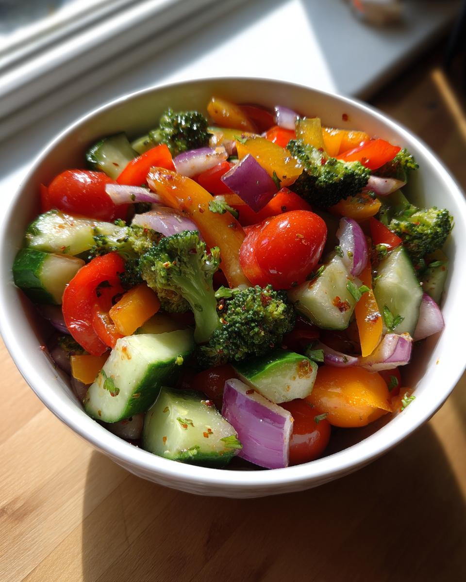 Close-up of a vibrant marinated vegetable salad with broccoli, cucumber, cherry tomatoes, bell peppers, and red onion.