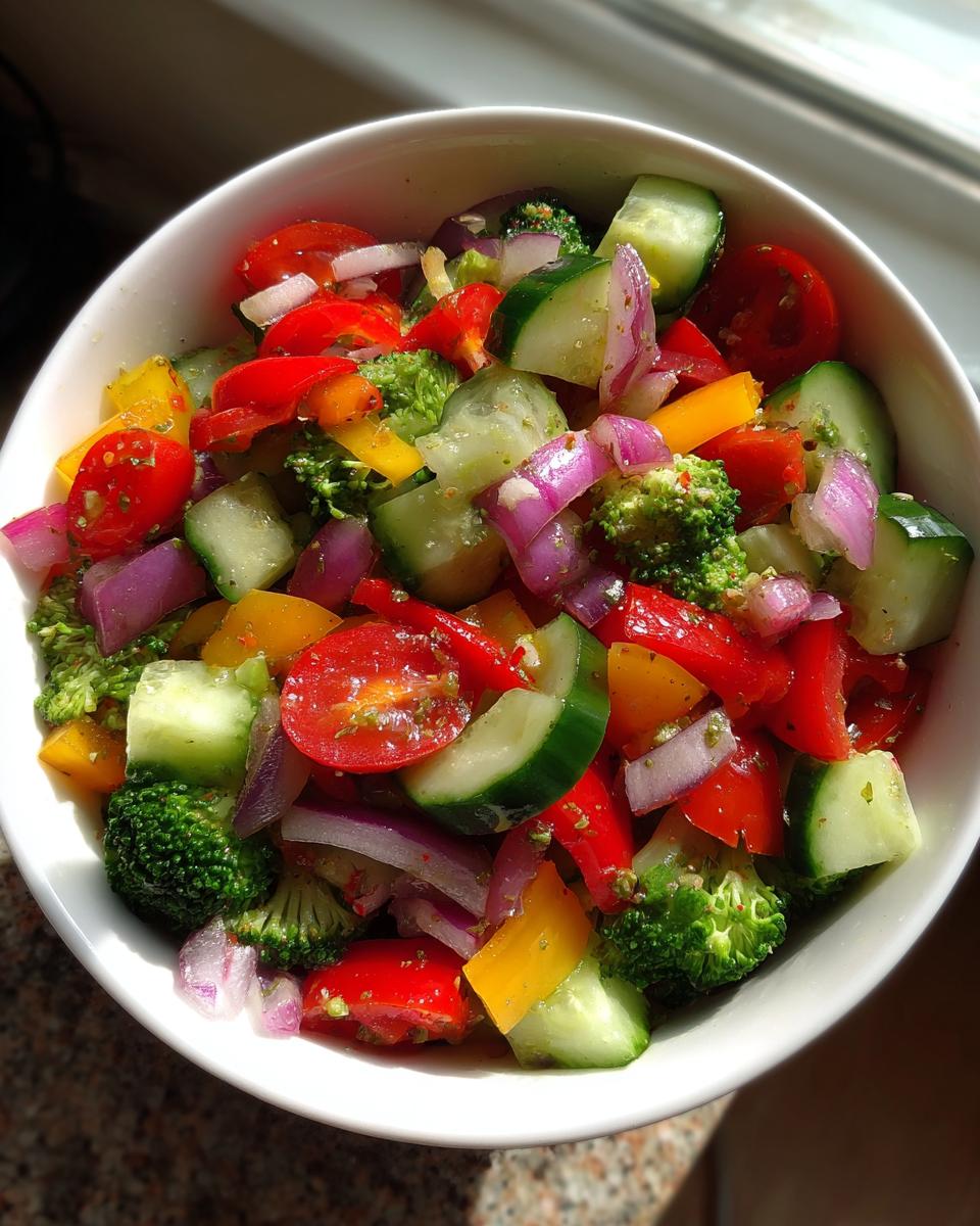 A vibrant bowl of Marinated Vegetable Salad featuring chopped broccoli, cucumber, red onion, cherry tomatoes, and bell peppers.