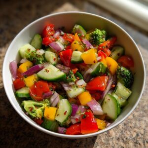 A close-up of a vibrant Marinated Vegetable Salad with chopped cucumber, bell peppers, red onion, and broccoli.