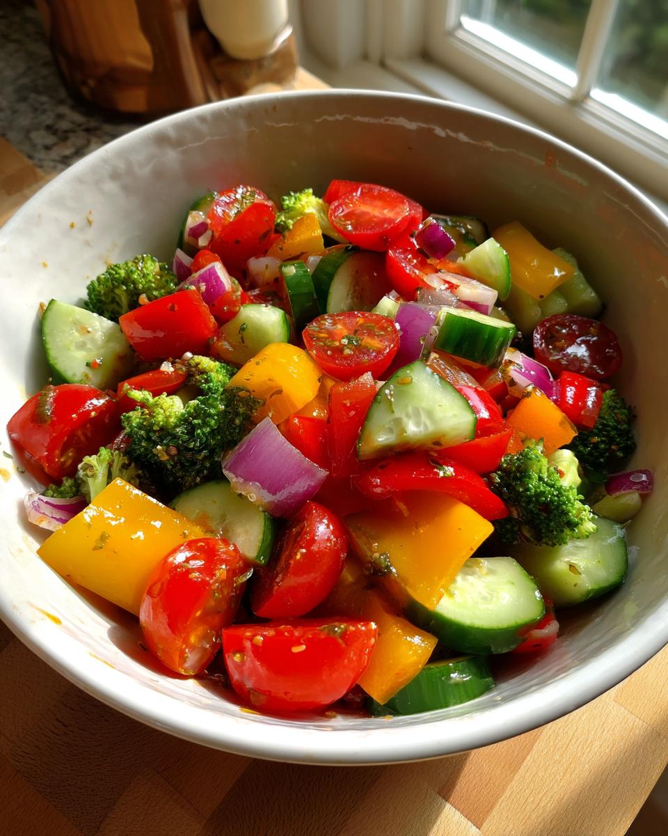 A close-up of a vibrant marinated vegetable salad featuring chopped tomatoes, cucumbers, broccoli, bell peppers, and red onion in a white bowl.