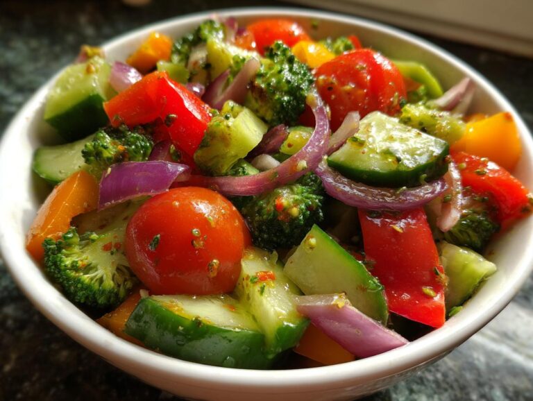 A close-up of a vibrant marinated vegetable salad featuring broccoli, tomatoes, cucumber, bell peppers, and red onion.