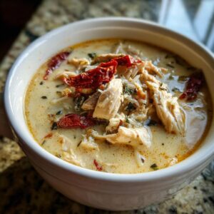 A close-up of a creamy bowl of Marry Me Chicken Soup, featuring shredded chicken, sun-dried tomatoes, and herbs.