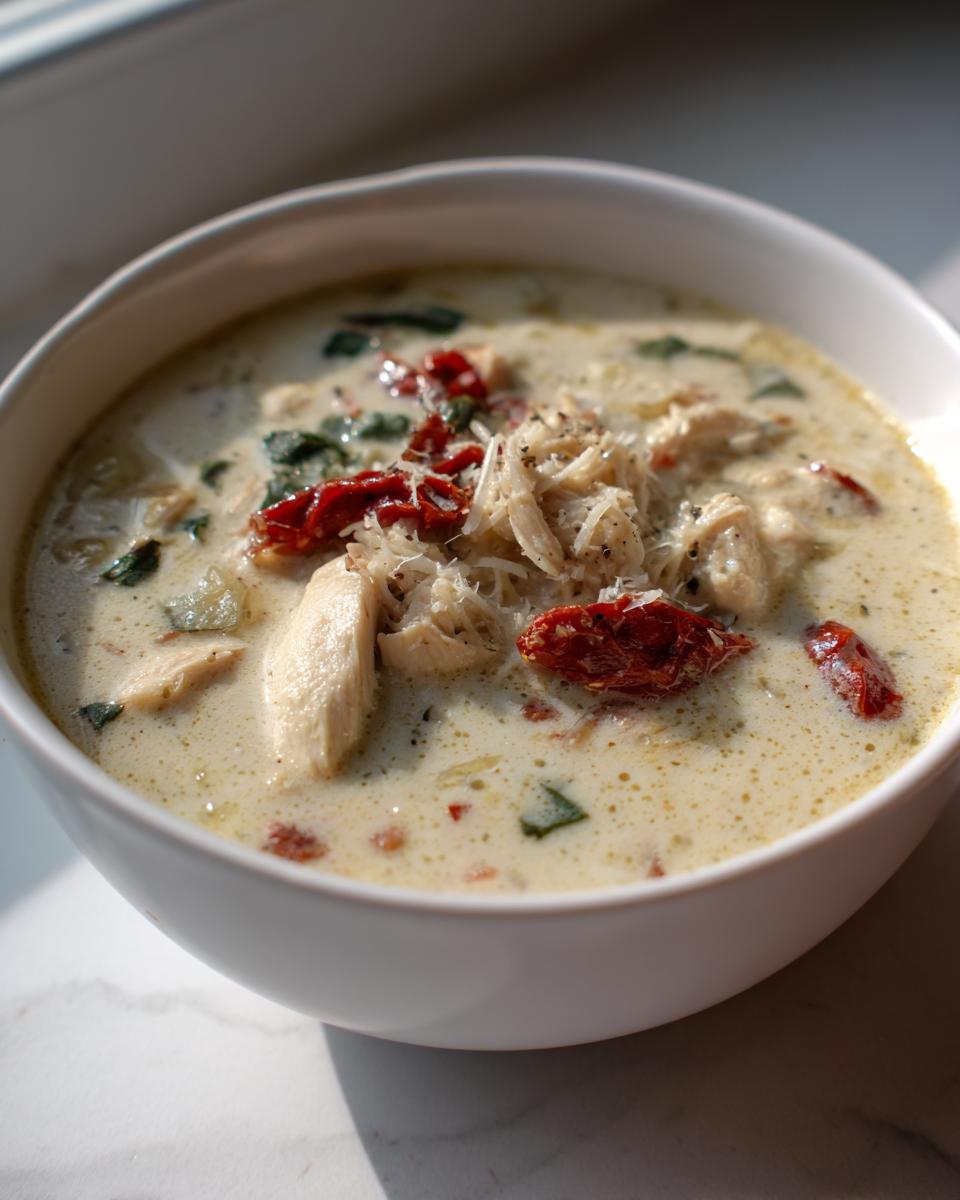 A close-up of a white bowl filled with creamy Marry Me chicken soup, featuring shredded chicken, sun-dried tomatoes, and spinach.