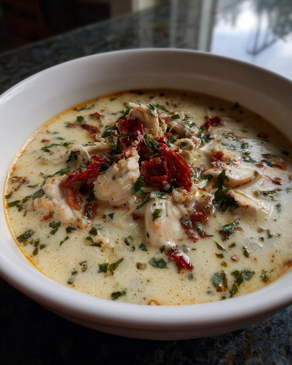 A close-up of a bowl of creamy Marry Me Chicken Soup, featuring shredded chicken, sun-dried tomatoes, and fresh herbs.