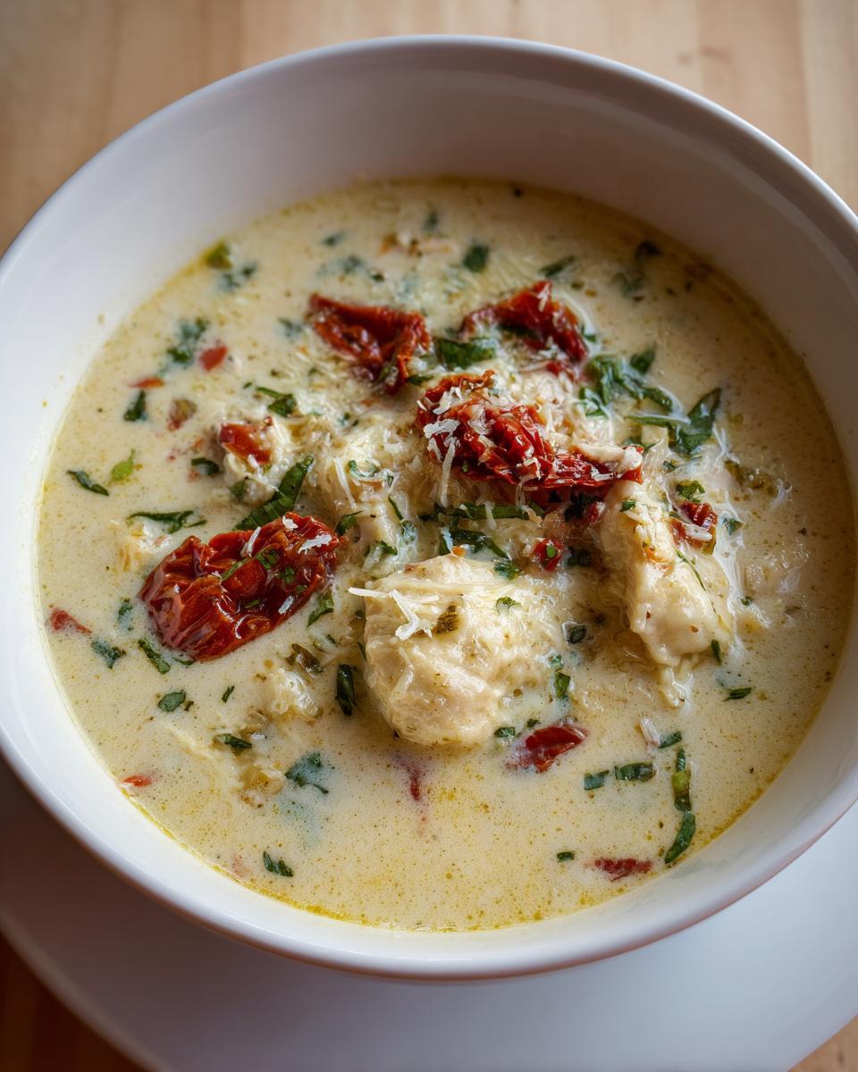 A close-up of a white bowl filled with creamy Marry Me Chicken Soup, topped with sun-dried tomatoes and shredded cheese.
