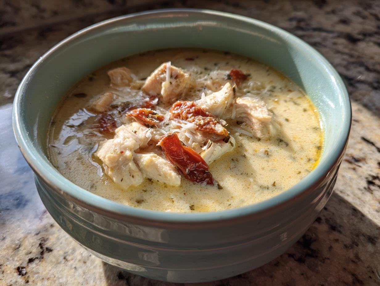 A close-up of a bowl of creamy Marry Me Chicken Soup with shredded chicken and sun-dried tomatoes.