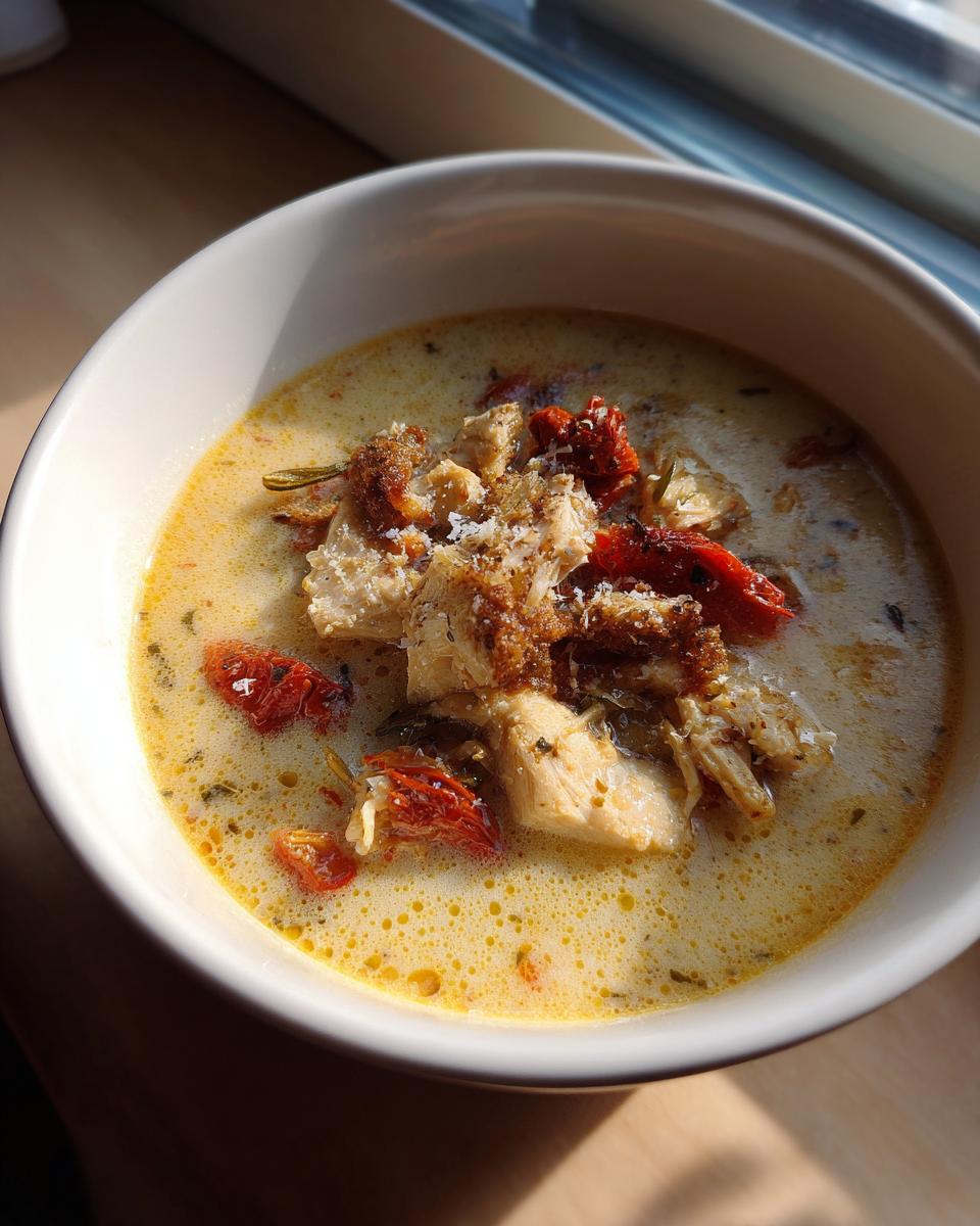 A close-up of a bowl of creamy Marry Me chicken soup, topped with shredded chicken and sun-dried tomatoes.