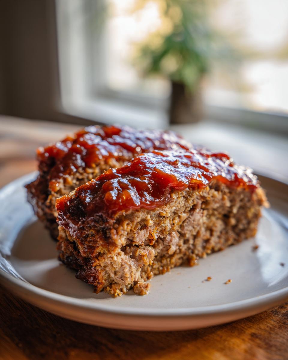 Close-up of a slice of moist meatloaf with a shiny tomato glaze topping.