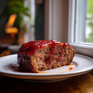 A slice of moist meatloaf with a glistening tomato glaze on top, served on a white plate.