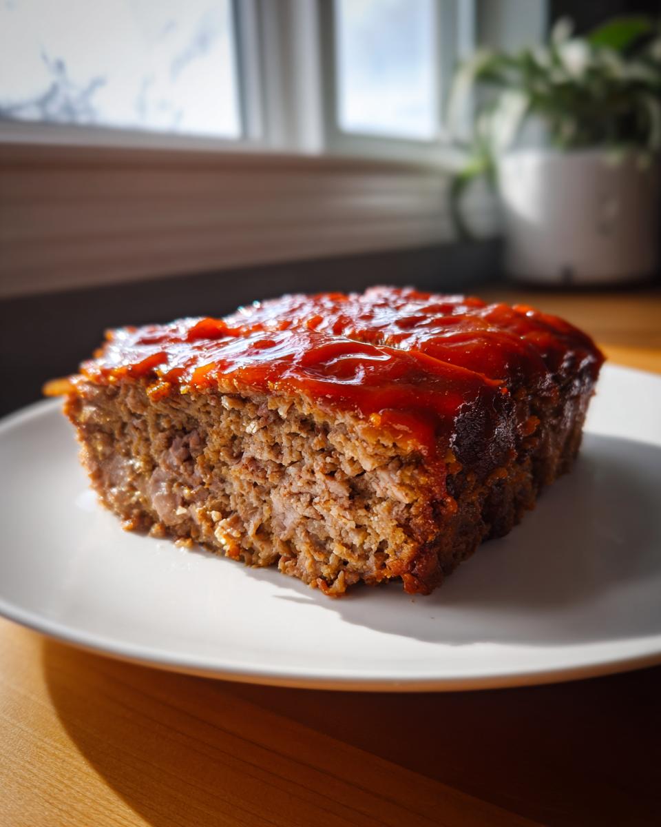 A delicious slice of meatloaf with a glistening tomato glaze on top, served on a white plate.