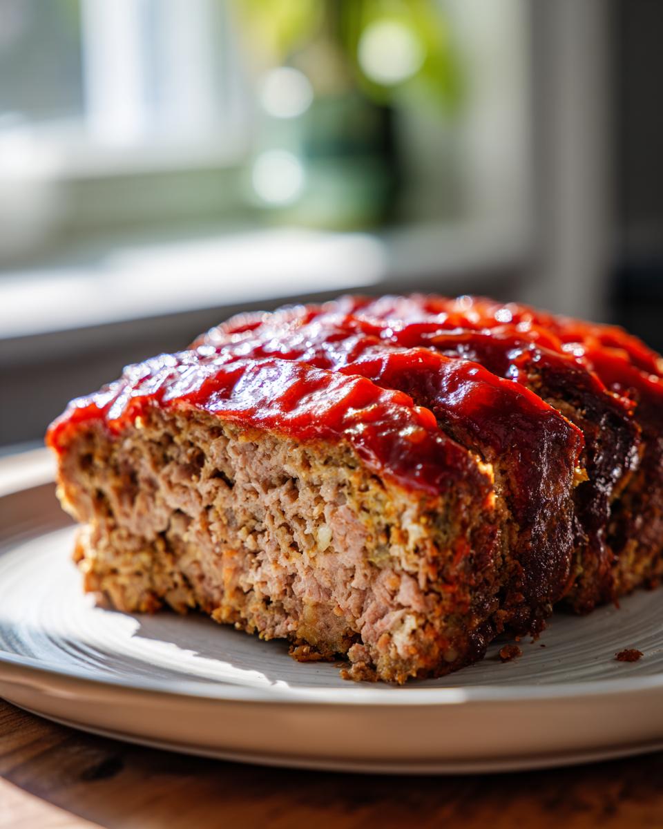 A close-up of a slice of moist meatloaf with a shiny tomato glaze on top.