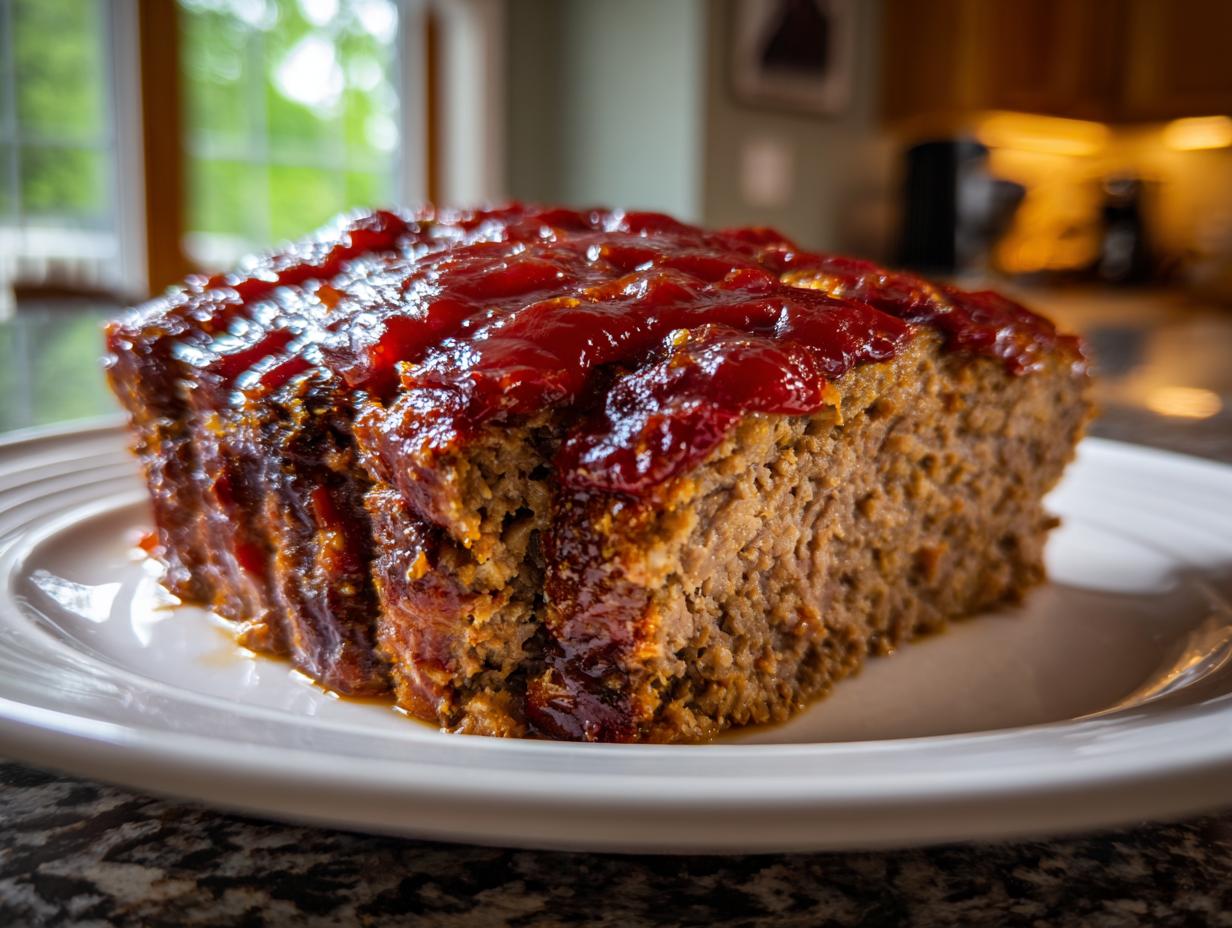 A slice of moist meatloaf with a rich tomato glaze on top, served on a white plate.
