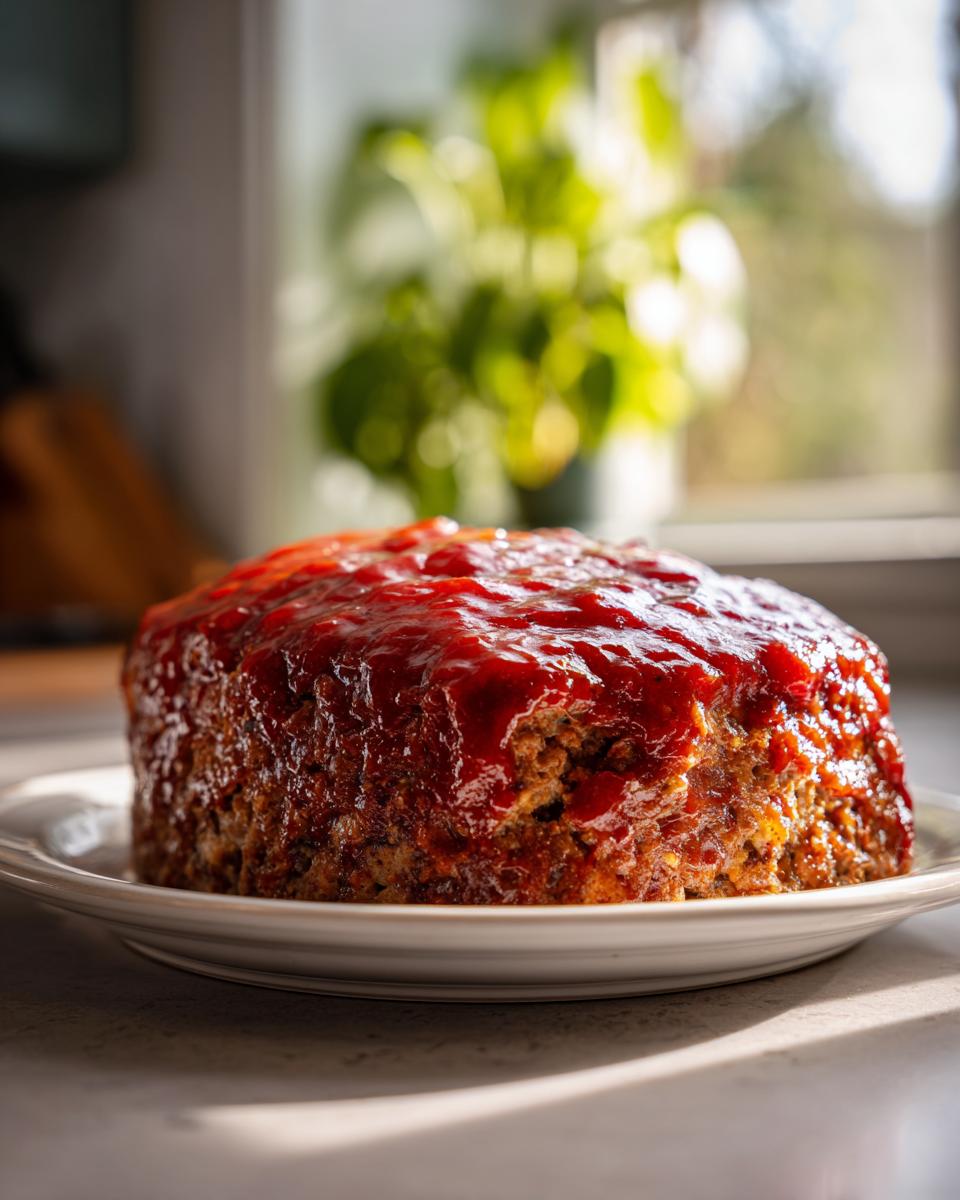 Close-up of a moist meatloaf topped with a shiny tomato glaze, served on a white plate.
