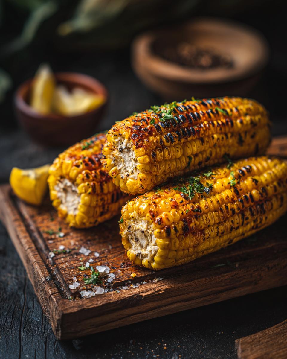 Three grilled ears of Mexican street corn on a wooden board, sprinkled with herbs and salt.