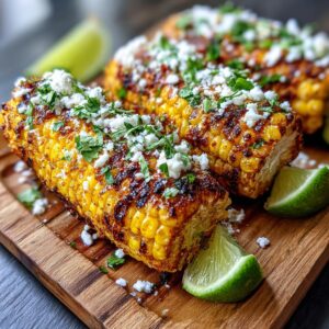 Close-up of grilled Mexican street corn topped with crumbled cheese and cilantro, served with lime wedges.