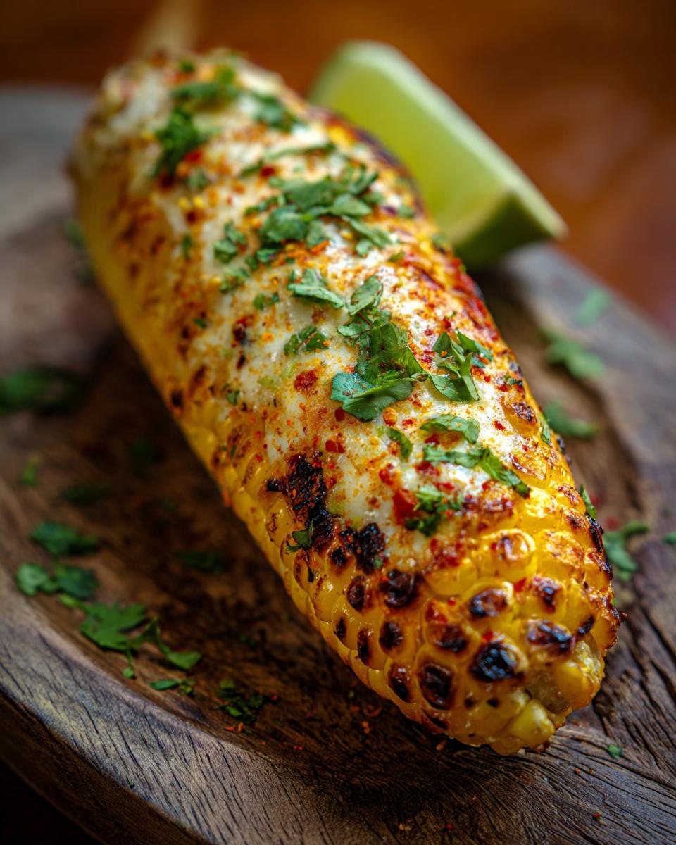 Close-up of grilled Mexican street corn topped with creamy sauce, chili powder, and fresh cilantro, with a lime wedge on the side.