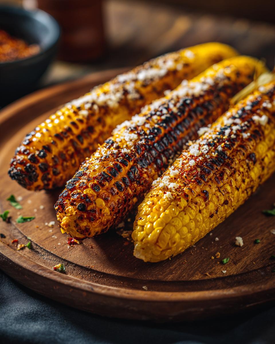 Three ears of grilled Mexican street corn sprinkled with cheese and spices on a wooden platter.