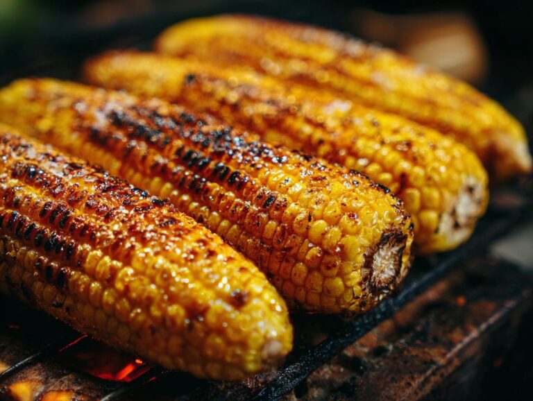 Close-up of delicious Mexican street corn grilling on a barbecue, with char marks and golden kernels.