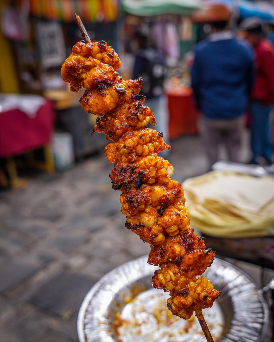 Close-up of a skewer of Mexican street corn, coated in a spicy red sauce and grilled to perfection.