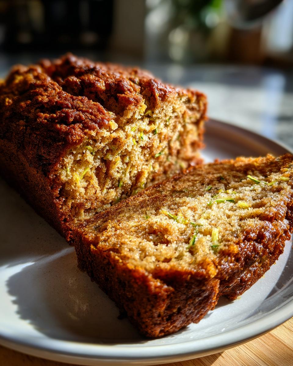 Close-up of a moist zucchini bread loaf with a slice cut and placed on a white plate.