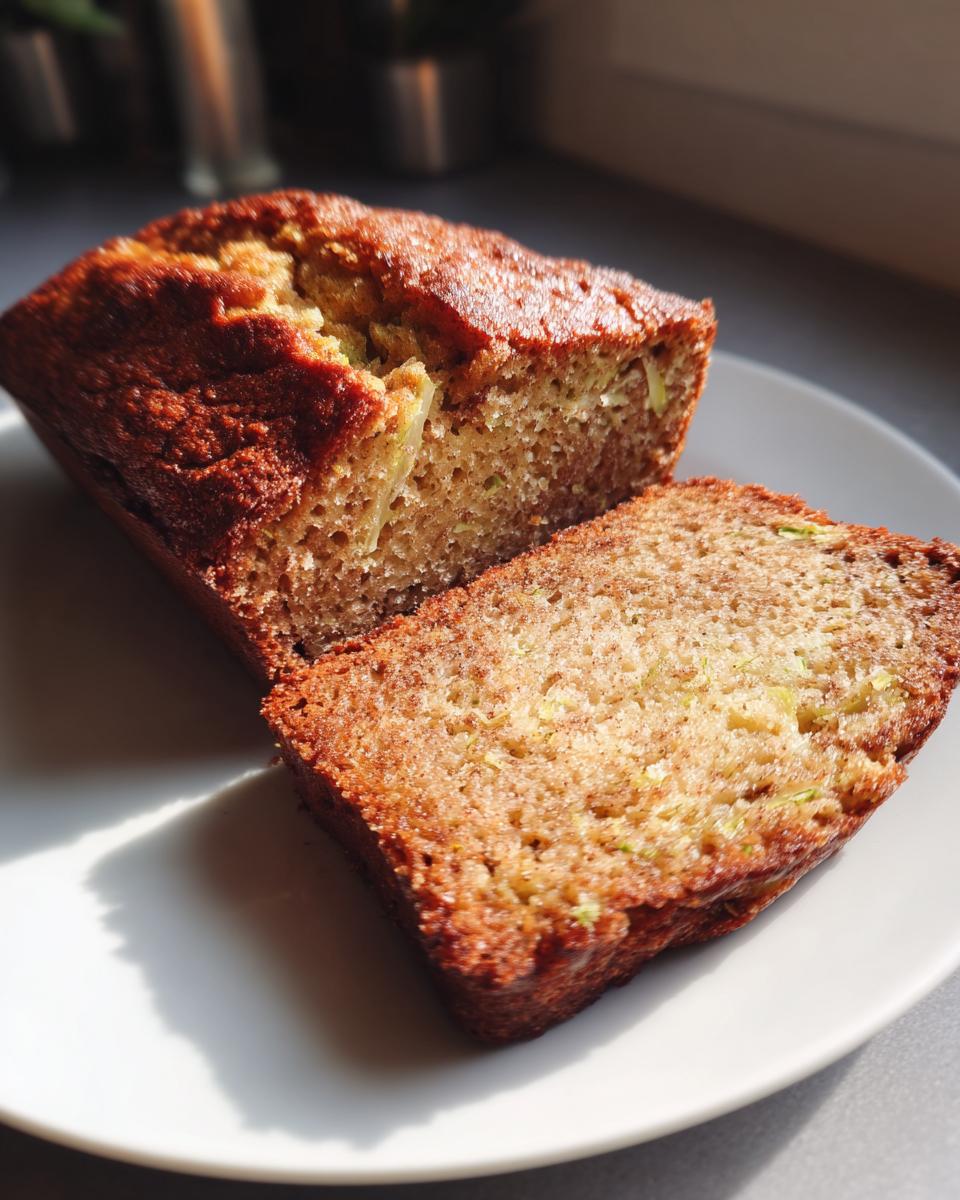 A moist zucchini bread loaf with one slice cut and placed on a white plate, bathed in natural light.