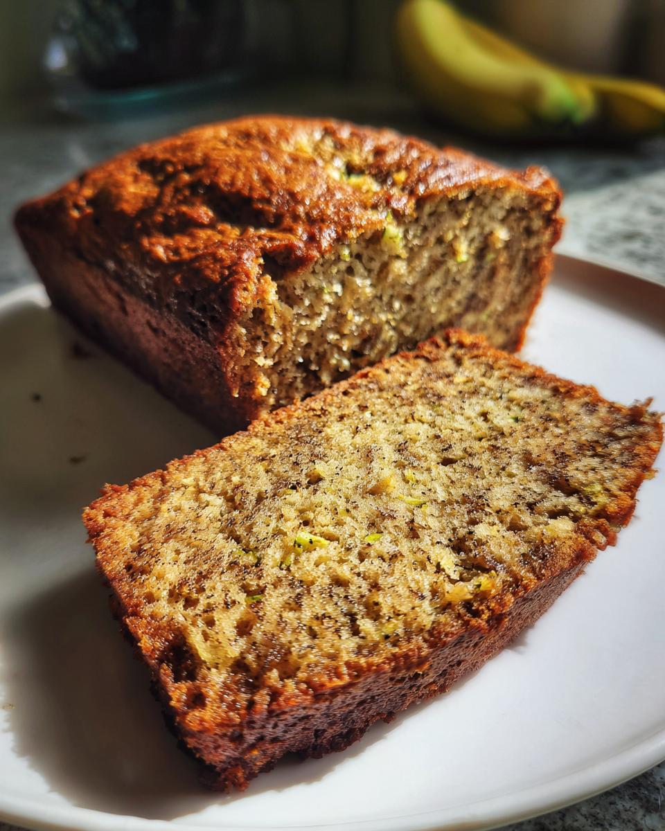 A close-up of a moist zucchini bread slice on a white plate, with the rest of the loaf in the background.