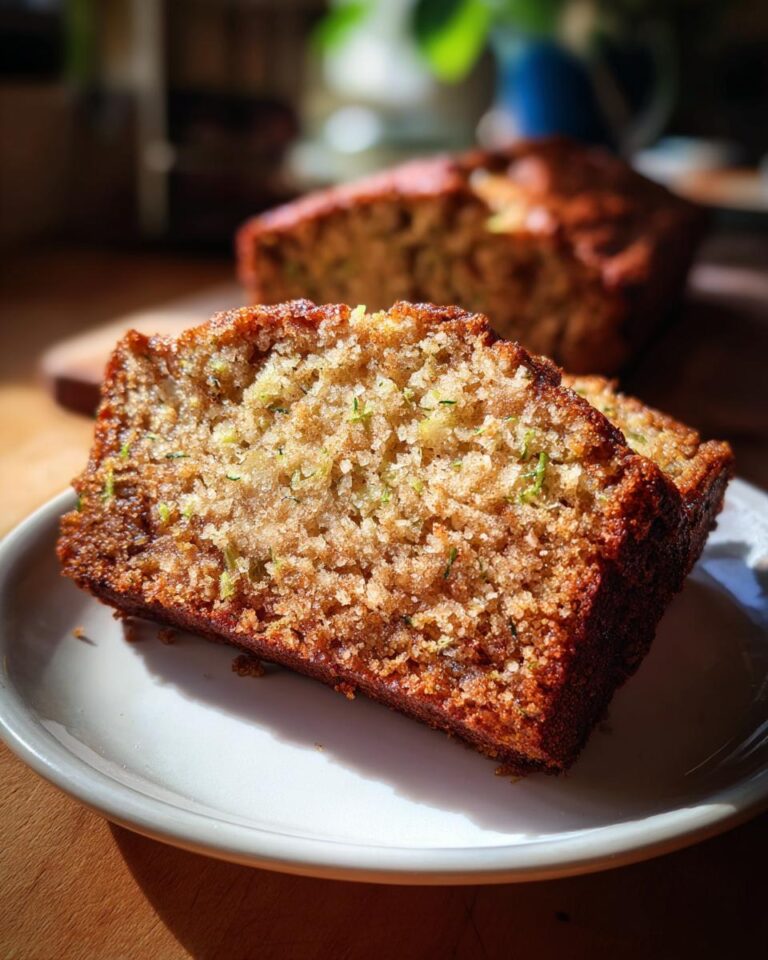 Close-up of a moist zucchini bread slice on a white plate, with another loaf blurred in the background.