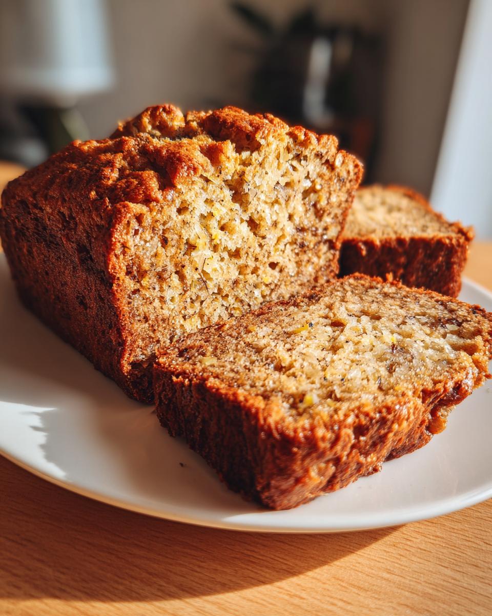 Close-up of moist zucchini bread slices on a white plate, with the loaf in the background.